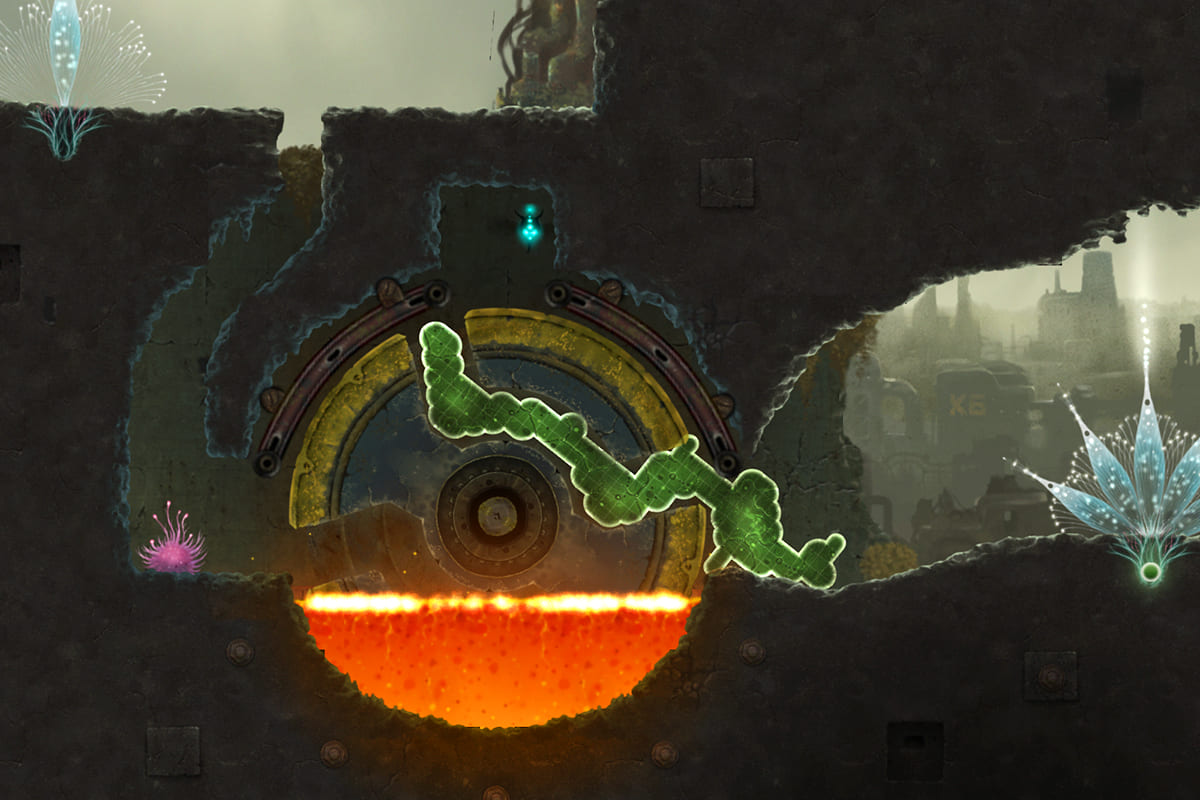 Green organism riding a metal cart through a red alien desert