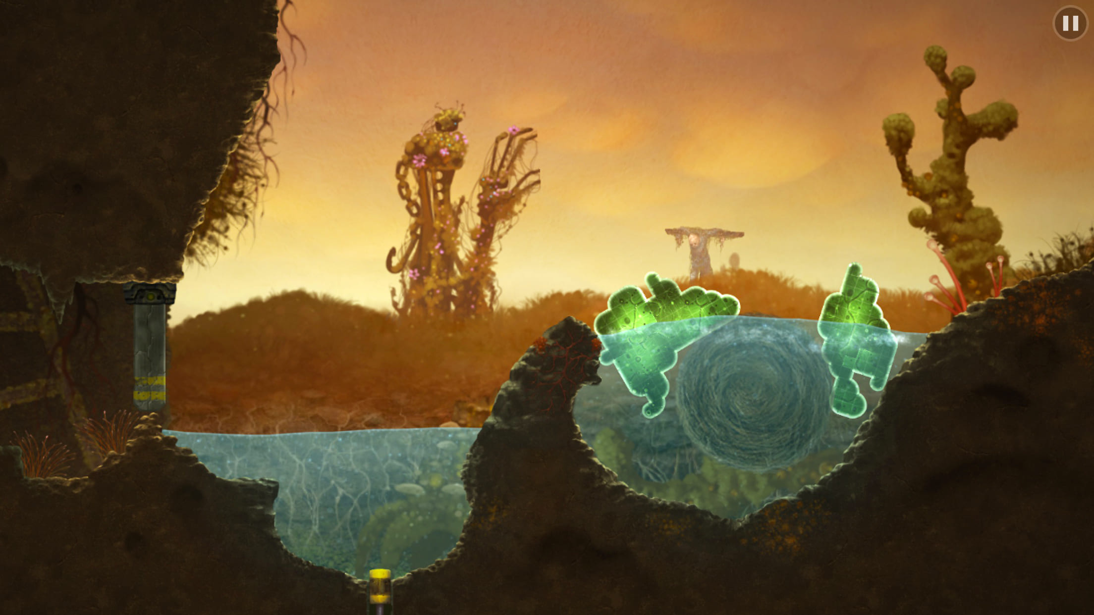 Player organism extends across a massive gear above lava