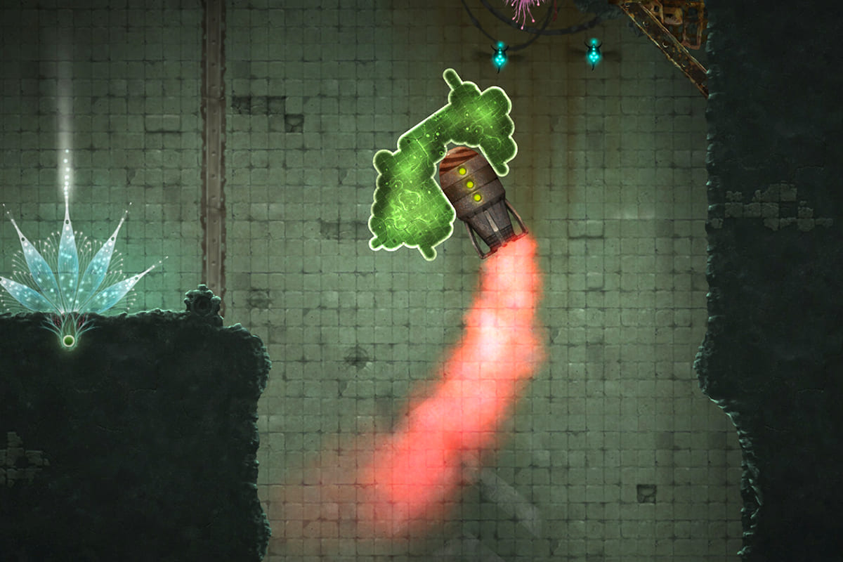 Organism split in water around a swirling vortex in a rusted cavern